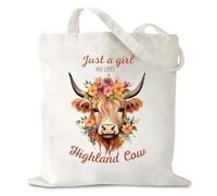 ZYNTAVA Highland Cow Tote Bag, Cute Flower Cows Canvas Tote Bag, Double-sided Reusable Shoulder Bag, Highland Cow Gifts for Women, Girls, Just A Girl Who Loves Cows