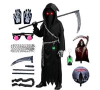 Zynthytic Grim Reaper Costume Scary 10pcs Halloween Costume with Glowing Eyes Grim Reaper Scythe Accessories