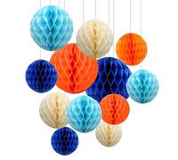 ZYOOO 12pcs Paper Honeycomb Balls, 15/25cm Tissue Paper Hanging Balls for Baby Shower, Birthday, Graduation Decorations (Blue, Orange)