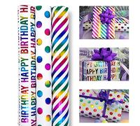 ZYOOO 3 Rolls Shiny Rainbow Birthday Wrapping Paper Roll for Girls,Child - 43cm X 3m Per Roll