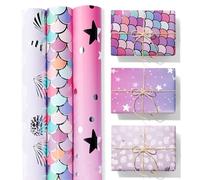 ZYOOO Mermaid Wrapping Paper Roll,3 Rolls-43x300cm Per Rolls, Metallic Foil with 3 Different Design Gift Wrapping for Birthday,Holiday,Girls,Baby Shower,Party DIY Pack