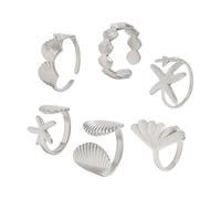 ZYOUQI 6PCS Marine Beach Theme Stackable Rings Adjustable Sizes Alloy Coastal Inspired Jewelry Perfect Holiday Accessories Adjustable Open Joint Rings Alloy, as described, as described