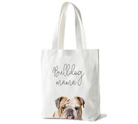 ZYQFN English Bulldog Mama Canvas Tote Bag for Women - Cute Dog Lover Dog Mom Gift, Birthday Christmas Present - Reusable Bag for School, Work, College & Travel (005)