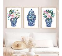 ZYRQART 3 pieces Wall Art Ginger Jar Bouquets Watercolor Chinoiserie Decor Canvas Print Floral Botanical Poster Vase Roses Painting Porcelain Blue White Jar Pictures No Frame (16X24 Inch Unframed)