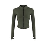 Zyrulix Women's Full Zip Lightweight Running Yoga Slim Fit Cropped Bbl Jacket Workout Sportwear With Thumb Holes, Army Green, M
