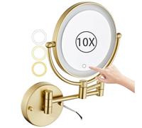 Zysfadc Hardwired Wall Mounted Makeup Mirror with 3 Color Lights, 2-Sided Magnifying Vanity Mirror, Screen Touch Dimming Extendable,Brushed Gold,10X