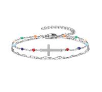 Zysta Dainty Cross Bracelet with Colourful Beads Double Layered 14k Gold Silver Plated Crucifix Chain Link Bracelets Communion Confirmation for Women (Silver)