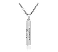 Zysta Silver Personalised Stainless Steel Bar Pendant Necklace Customised Vertical Cuboid Stick Plain Engraving Simple Design Unisex Jewelry 60cm Chain Lobster Claw Clasp
