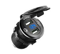ZYTC Quick Charge 3.0 Car Charger 12V/24V 36W Aluminum Black Waterproof Dual QC3.0 USB Fast Charger Socket Power Outlet with Blue LED Digital Voltmeter for Marine, Boat, Motorcycle, Truck, Golf Cart