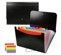 Zythrem 2Pcs Expanding File Folder A4 13 Pockets Document Organiser with Labels Plastic Accordion File Organiser Paperwork Organiser Folders for Paperwork A4 Office Home School Black (Colorful Inside)