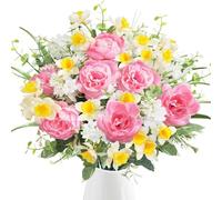 Zythrem Artificial Daffodils Peonies Faux Daffodils Pink Fake Peonies Silk Narcissus Mix Daffodils Peony Hyacinth Bouquet Yellow Plastic Flower Spring Artificial Flowers for Graves Garden Home Wedding