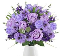 Zythrem Artificial Flowers Mixed Rose Hydrangea Flowers Fake Rose Purple Silk Bouquet Faux Hyacinth Flowers Realistic Flower Arrangement Spring Artificial Flowers for Wedding Home Decor Grave Flowers