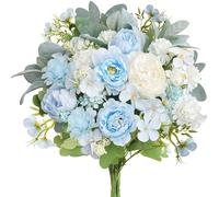 Zythrem Blue Artificial Flowers Silk Mix Chrysanthemum Hydrangea Bouquet Faux Spring Summer Decorative Flowers for Wedding Party Home Garden Table Kitchen Grave Floral Arrangement