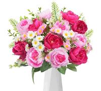 Zythrem Peony Artificial Flowers Fake Peonies Pink Flowers Silk Peonies Bouquets Mix Daisy Flower Faux Artificial Flower for Wedding Party Home Table Centerpieces Office Garden Floral Arrangement