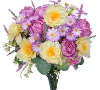 Zythrem Peony Artificial Flowers Fake Peonies Silk Spring Flowers Mix Lavender Daisy Bouquet Faux Plastic Daisy Flowers for Wedding Decor Table Centerpieces Home Office Grave Flower（Purple,Yellow）