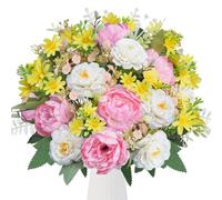 Zythrem Peony Artificial Flowers Pink Fake Peonies Flowers Yellow Daisies Flowers Silk Peonies Bouquets Mix Baby Breath Daisy Bouquet Faux Spring Flowers for Wedding Table Home Decor Grave Flowers