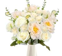 Zythrem Peony Artificial Flowers White Fake Flowers Faux Peonies Roses Bouquet Silk Flower Plastic Grave Flower for Wedding Table Centerpieces Party Floral Arrangement Home Kitchen Decor