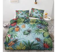 ZyxMehtic Beetle Insect Duvet Cover Set 2pcs Reversible Bedding Set with 1 Pillowcase 50x75cm, Green Leaf Quilt Cover with Zipper Closure - Single 135x200 cm