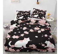 ZyxMehtic Cartoon Cat Duvet Cover Set 3pcs, Cherry Blossoms Quilt Cover 230x220cm with 2 Pillowcase 50x75cm, Black And Pink Bedding Set Reversible with Zipper Closure - King size