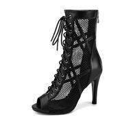 ZYXWVU Women Ballroom Dance Boots Lace-up Open Toe Mesh Jazz Salsa Performance Dance Heel Sandals,K99-Black-9.5cm,US 6.5
