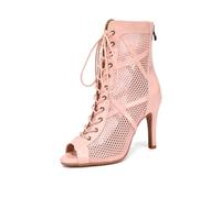 ZYXWVU Women Ballroom Dance Boots Lace-up Open Toe Mesh Jazz Salsa Performance Dance Heel Sandals,K99-Pink-9.5cm,US 9