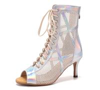ZYXWVU Women Ballroom Dance Boots Lace-up Open Toe Mesh Jazz Salsa Performance Dance Heel Sandals,K99-Sliver-7.5cm,US 5
