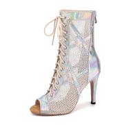 ZYXWVU Women Ballroom Dance Boots Lace-up Open Toe Mesh Jazz Salsa Performance Dance Heel Sandals,K99-Sliver-9.5cm,US 6.5