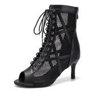 ZYXWVU Women Ballroom Dance Boots Lace-up Open Toe Mesh Jazz Salsa Performance Dance Heel Sandals,K99-Black-7.5cm,US 5.5