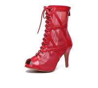 ZYXWVU Women Ballroom Dance Boots Lace-up Open Toe Mesh Jazz Salsa Performance Dance Heel Sandals,K99-Red-9.5cm,US 10.5