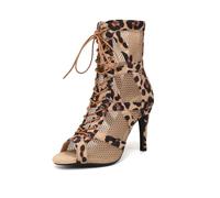 ZYXWVU Women Ballroom Dance Boots Lace-up Open Toe Mesh Jazz Salsa Performance Dance Heel Sandals,K99-Leopard-9.5cm,US 6
