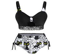 ZYYZDM Bikini Swimsuit Push Up Swimwear Cat Print Cut Out Lace-Up Padded Tankini Set Female Biquini High Waist Bikini