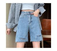 ZYYZDM Shorts Women Loose Straight Knee-Length Hole Ripped High-Waist Denim Short Trousers Female All-Match Casual