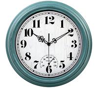 zyzamay 12 Inch Indoor Outdoor Clocks,Waterproof Wall Clock with Thermometer,Easy to Read,Non-Ticking Battery Operated Quality Quartz Clock, Decorative for Patio,Porch,Pool,Bathroom,Deck(Green)