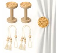 ZYZX 2 Pack Boho Curtain Holdbacks, Wooden Rattan Wall Mounted Tiebacks with Tassel Rope, Decorative Drapery Hooks with Screws for Window Treatment Home Decor