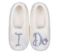 ZYZX Ladies Wedding Slipper Socks/Fuzzy White Sequin Bling Metallic Shine Sofe Sole House Slippers/Non Slip Bride Gifts Socks/I DO