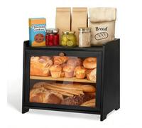 ZZBIQS 2 Tiers Wooden Bread Bin Bamboo Bread Storage Box for Kitchen, Large Capacity Wood Breadbox Holder Containers Organizer with Clear Glass Window Door Panel for Countertop (Black)