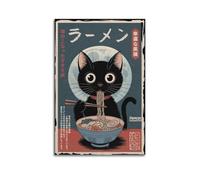 ZZBXSJ Minimalist Abstract Canvas Wall Art Prints Picture - Japandi Anime Animal Poster Black Cat Eating Ramen with Chopsticks Room Decor Artwork Posters 24x36inch(60x90cm)