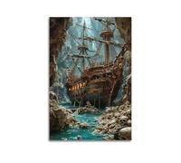 ZZBXSJ Minimalist Abstract Canvas Wall Art Prints Picture - Surrealism Pirate Ship Adventure Landscape Poster with Mysterious Cave Room Decor Artwork Posters 12x18inch(30x45cm)