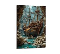 ZZBXSJ Minimalist Abstract Canvas Wall Art Prints Picture - Surrealism Pirate Ship Adventure Landscape Poster with Mysterious Cave Room Decor Artwork Posters 08x12inch(20x30cm)