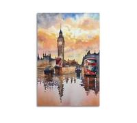 ZZBXSJ Minimalist Abstract Canvas Wall Art Prints Picture - Watercolor London Cityscape Poster with Iconic Big Ben And Red Buses Room Decor Artwork Posters 20x30inch(50x75cm)