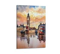 ZZBXSJ Minimalist Abstract Canvas Wall Art Prints Picture - Watercolor London Cityscape Poster with Iconic Big Ben And Red Buses Room Decor Artwork Posters 24x36inch(60x90cm)