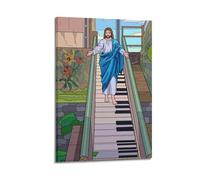 ZZBXSJ Modern Family Posters Wall Decor Artwork - Catholic Jesus Descending on Piano Like Stairs Portrait Canvas Art Prints Pictures 16x24inch(40x60cm) Frame-style