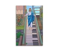 ZZBXSJ Modern Family Posters Wall Decor Artwork - Catholic Jesus Descending on Piano Like Stairs Portrait Canvas Art Prints Pictures 24x36inch(60x90cm) Unframe-style