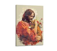 ZZBXSJ Modern Family Posters Wall Decor Artwork - Catholic Jesus Holding Cat with Floral Accents Portrait Canvas Art Prints Pictures 08x12inch(20x30cm) Frame-style