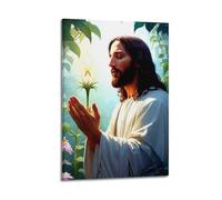 ZZBXSJ Modern Family Posters Wall Decor Artwork - Catholic Jesus Praying with Flower Like Flame Portrait Canvas Art Prints Pictures 16x24inch(40x60cm) Frame-style