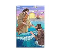 ZZBXSJ Modern Family Posters Wall Decor Artwork - Catholic Jesus Rescuing Figure in The Sea Portrait Canvas Art Prints Pictures 24x36inch(60x90cm) Unframe-style