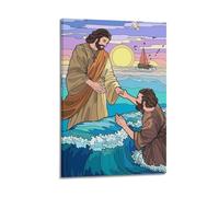 ZZBXSJ Modern Family Posters Wall Decor Artwork - Catholic Jesus Rescuing Figure in The Sea Portrait Canvas Art Prints Pictures 08x12inch(20x30cm) Frame-style