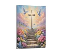 ZZBXSJ Poster Frame Canvas Wall Art Prints for Living Room Decor - Religious Posters Cross with Doves in Flower Lined Pathway Poster 16x24inch(40x60cm) Picture Frame Artwork
