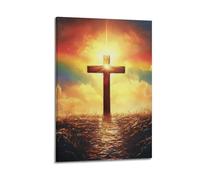 ZZBXSJ Poster Frame Canvas Wall Art Prints for Living Room Decor - Religious Posters Glowing Cross in Field at Sunset Poster 16x24inch(40x60cm) Picture Frame Artwork
