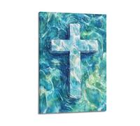 ZZBXSJ Poster Frame Canvas Wall Art Prints for Living Room Decor - Religious Posters Marble Like Cross in Blue Abstract Background Poster 20x30inch(50x75cm) Picture Frame Artwork
